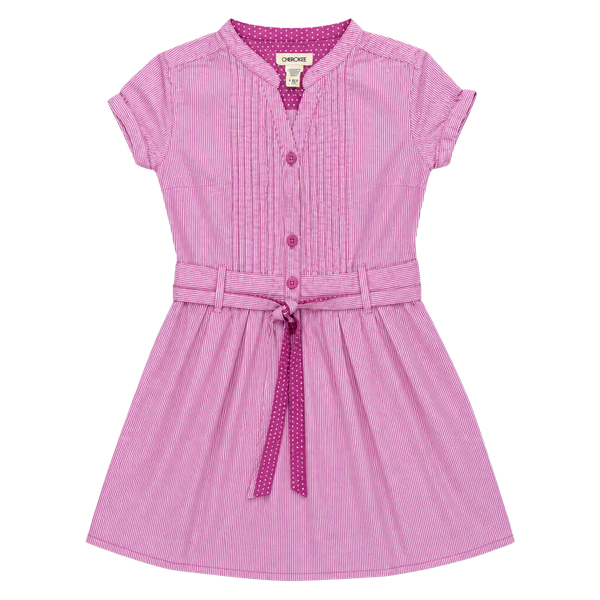 Cherokee Striped Belted Dress Size kids L 10/12 Pink White Cotton