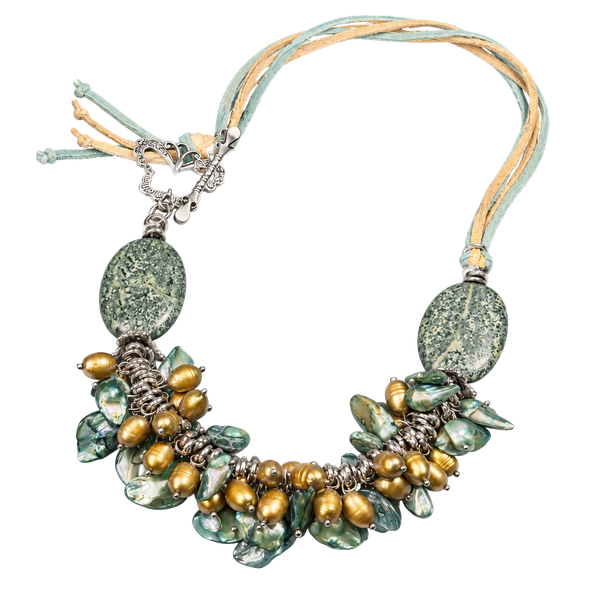 Handmade Statement Necklace Green Jasper Pearl Suede Toggle