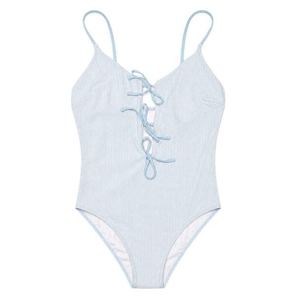 Unbranded Ribbed Lace-Up One-Piece Swimsuit Blue