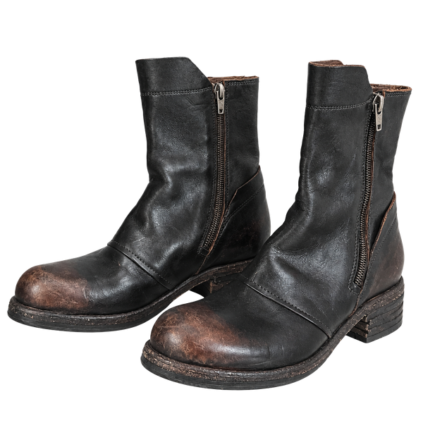 Shoto Leather Zip Boots Size 35 Distressed Black Brown Ankle Boots