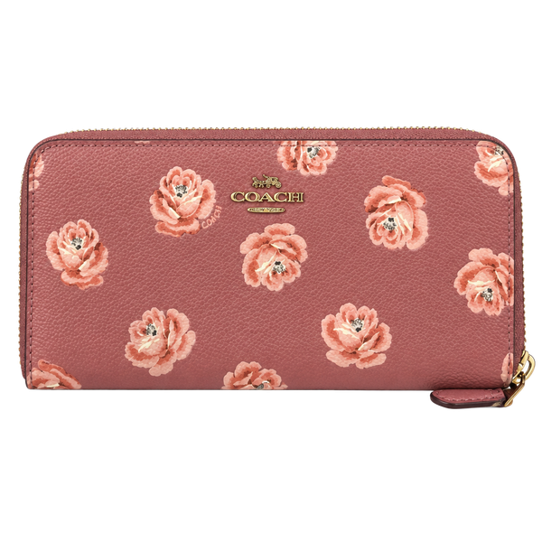 Coach Accordion Zip Around Wallet Rose Floral Print Pink Leather