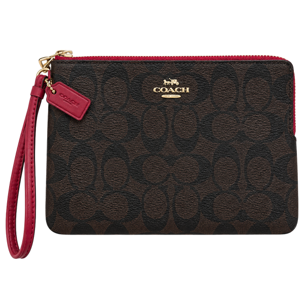 Coach Large Double Zip Signature Brown Red Wristlet Wallet
