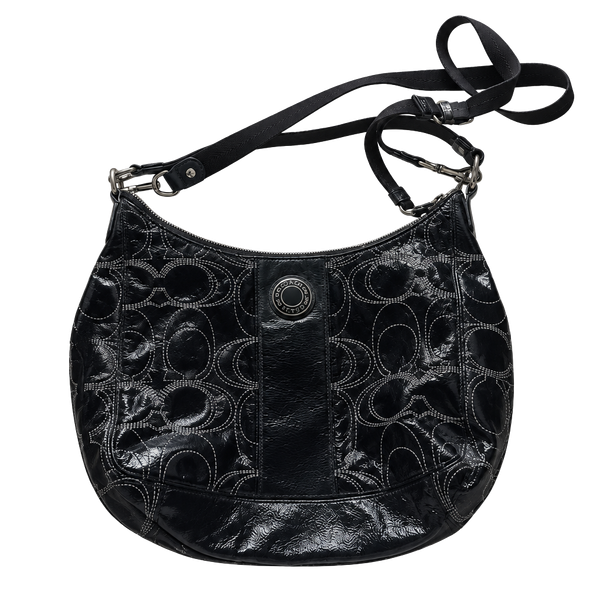 Coach Signature Stitched Black Patent Leather Hobo Bag F19282