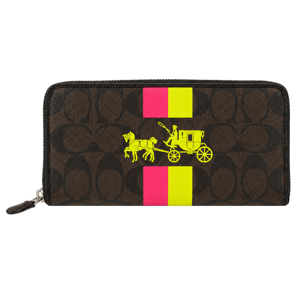 Coach Signature Zip Around Wallet Brown Neon Horse And Carriage
