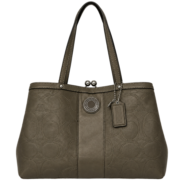 Coach Signature Stitched Kisslock Tote Bag Pewter Metallic