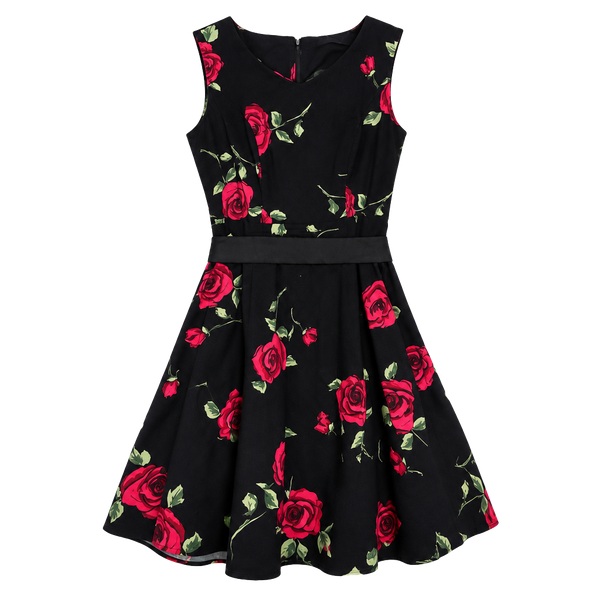 BRIDESMAY Vintage Floral Rose Swing Dress Size M Black Red Retro Rockabilly