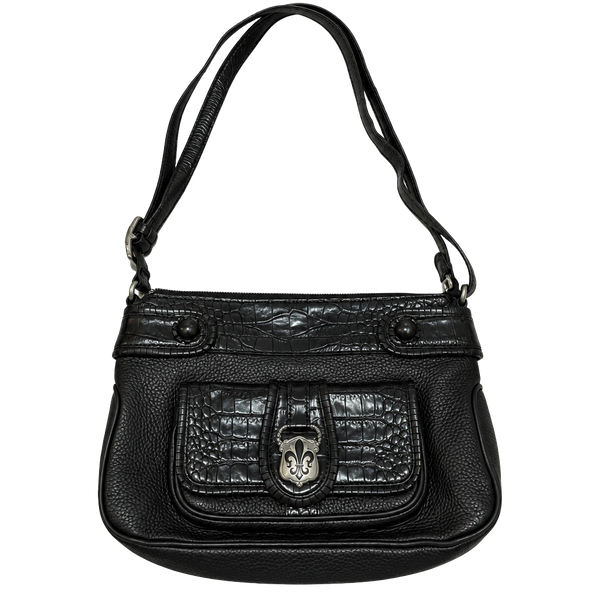 Brighton Black Leather Croc Trim Fleur-de-Lis Shoulder Bag