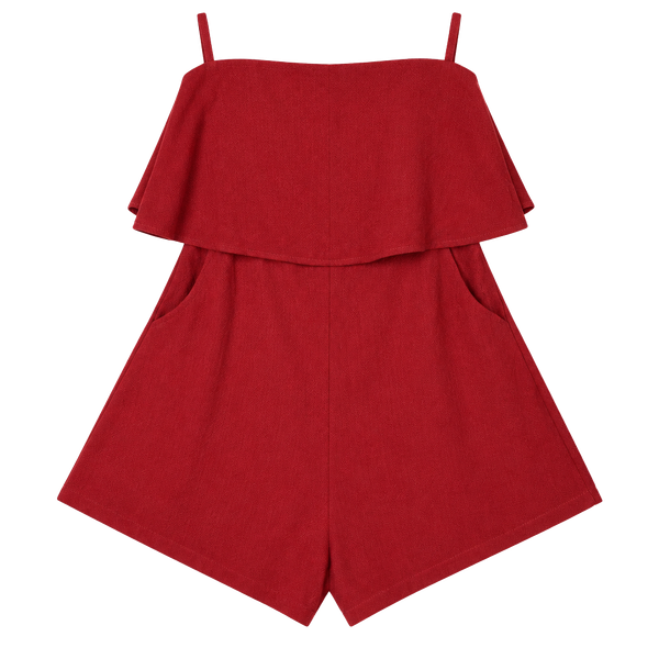 Selfie Leslie Strapless Romper Size M Red Ruffle Overlay Pocket Zip