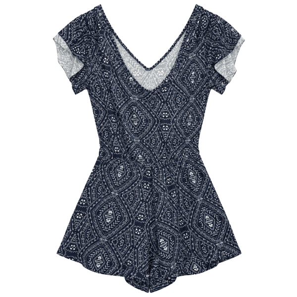 Derek Heart Cold Shoulder Printed Romper Blue White