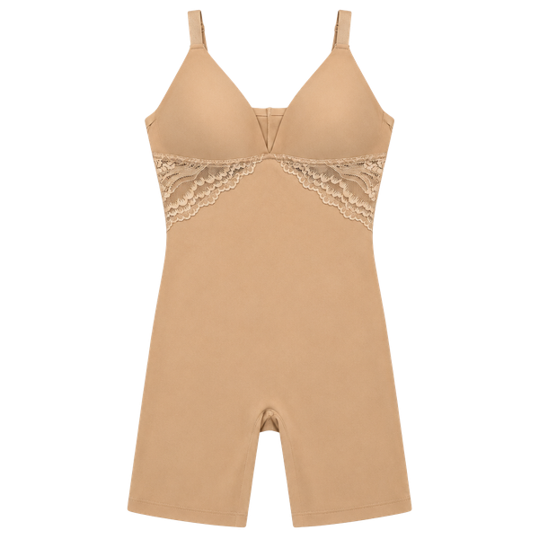 Real Shapewear Bodysuit Size L Tan Lace Trim Mid-Thigh