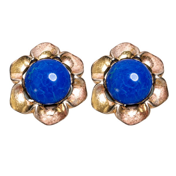 Vintage Flower Clip-On Earrings Blue Cabochon Gold Tone