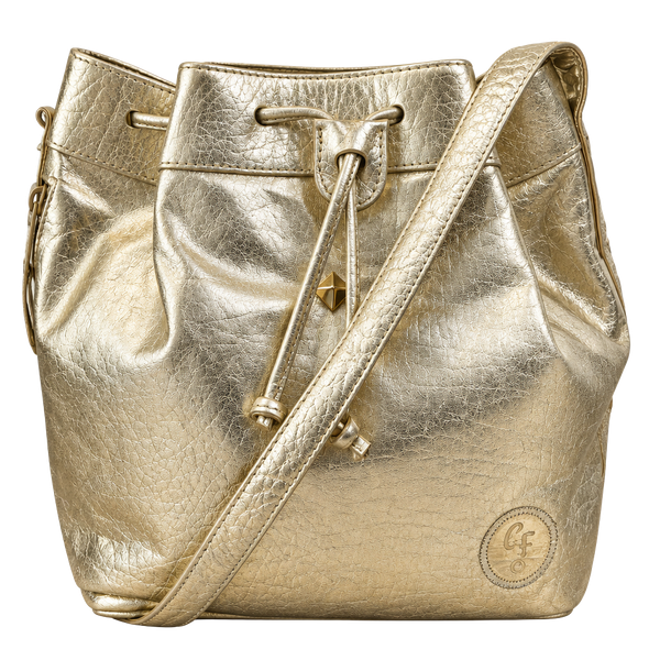 Carlos Falchi Metallic Gold Leather Drawstring Bucket Bag