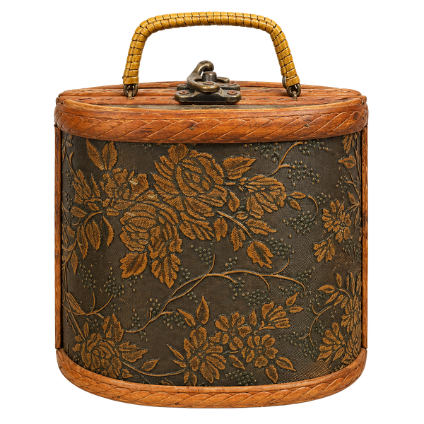 Vintage Wooden Handbag Floral Embossed Purse Rattan Wrapped Handle