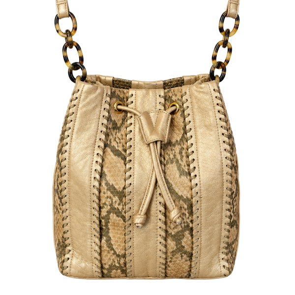 Sharif Python Print Metallic Gold Leather Drawstring Bucket Bag