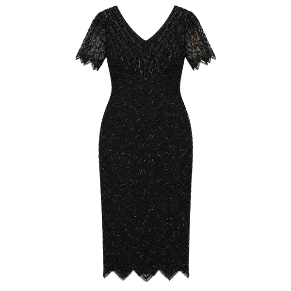 Laurence Kazar Beaded Cocktail Dress Size M Black Silk