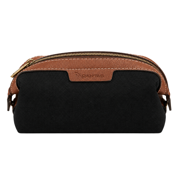 R.M. Williams Qantas Travel Kit Toiletry Bag Black Tan Leather mini