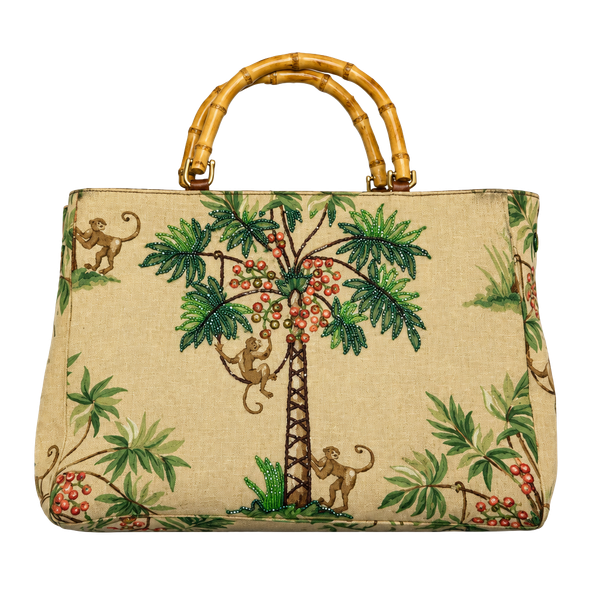 Isabella Fiore Palm Beach Monkey Tote Bamboo Handles