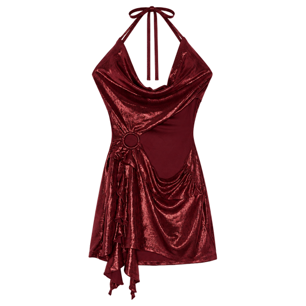 Windsor Halter Mini Dress Size M Burgundy Metallic Cowl Neck O-Ring Cutout