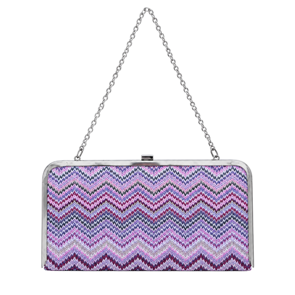Chevron Print Woven Hard Clutch Crossbody Bag Pink Purple Silver Chain