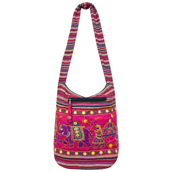 Tribe Azure Elephant Embroidered Boho Crossbody Shoulder Bag Pink