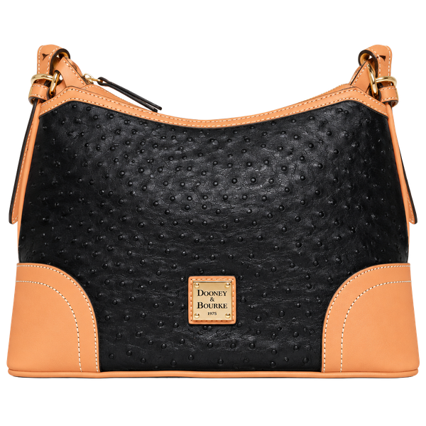 Dooney & Bourke Ostrich Crossbody Hobo Handbag Black Tan