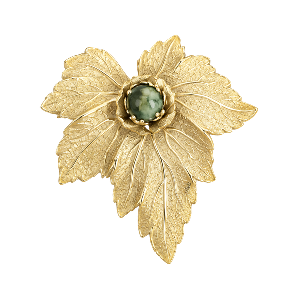 Vintage Gold Tone Leaf Brooch Pin With Green Cabochon