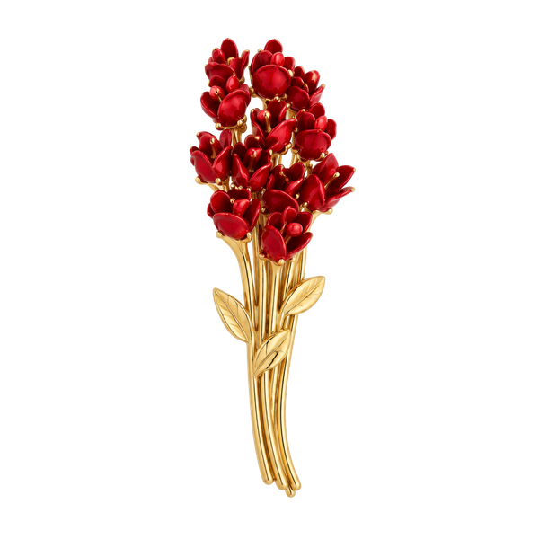 DM 97 Red Rose Bouquet Gold Tone Vintage Brooch Pin