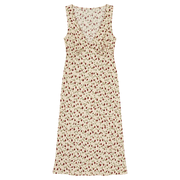 Reformation Floral Midi Dress XS Cream Red Roses V-Neck Cottagecore Romantic