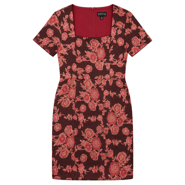 En Focus Studio Floral Brocade Dress Size 12 Black Red Gold Short Sleeve