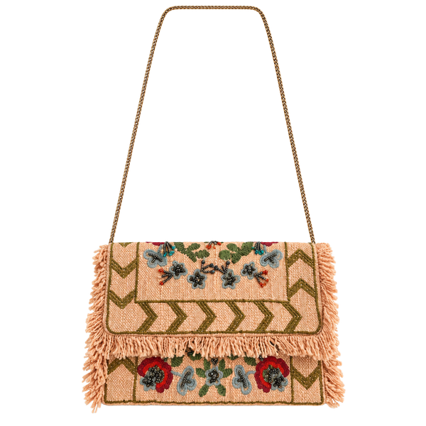 Handmade Floral Embroidered Fringe Clutch Crossbody Bag Made in India