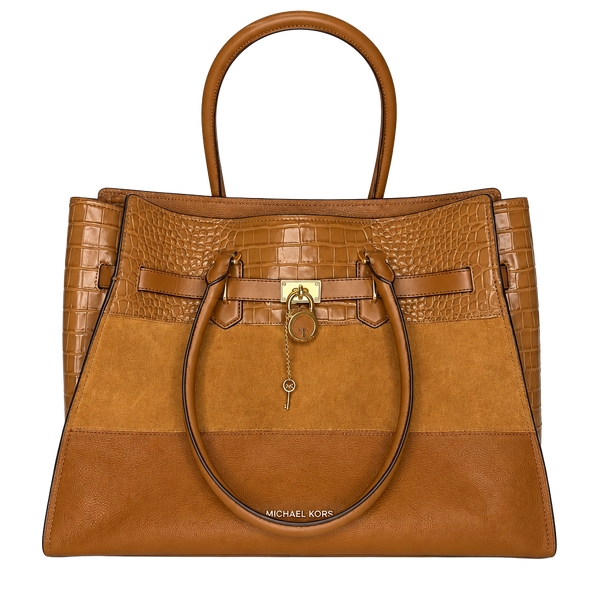 Michael Kors Hamilton Legacy Large Belted Moc-Croc Satchel Bag Peanut