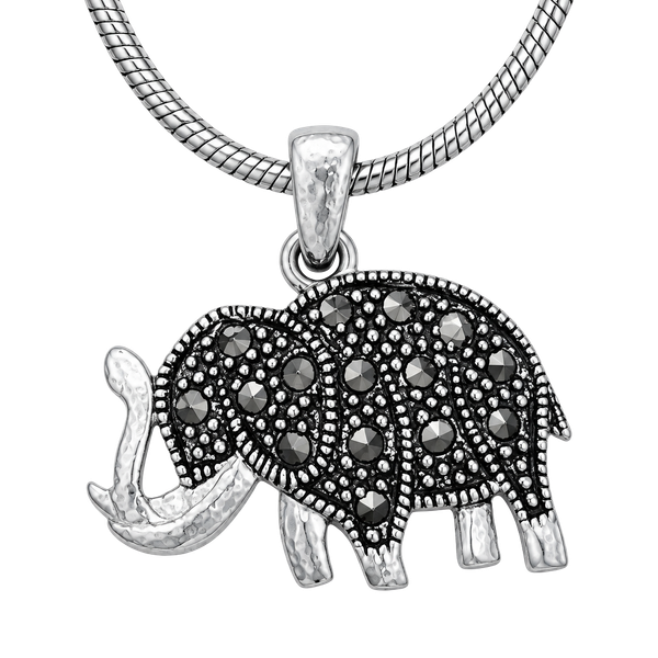 925 Sterling Silver Marcasite Elephant Charm Snake Chain Bracelet Vintage