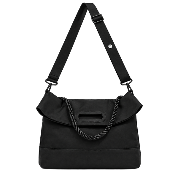 Black Nylon Crossbody Bag with Twisted Rope Handle and Adjustable Strap