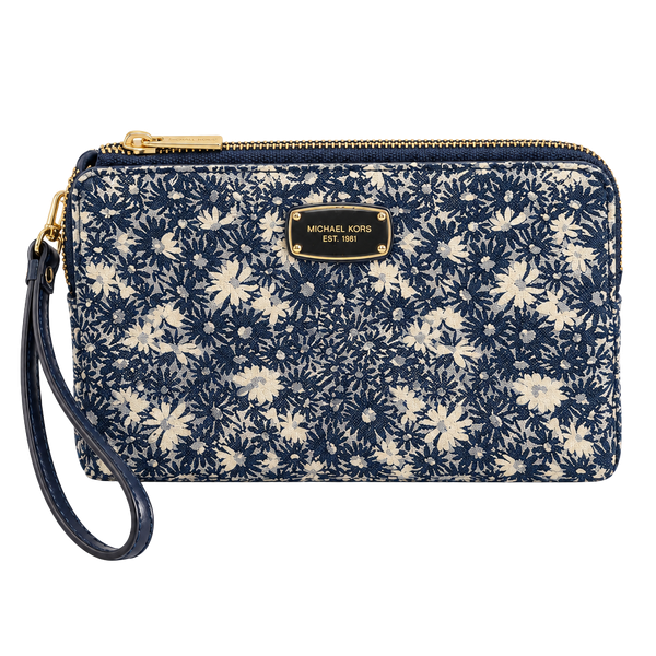 Michael Kors Floral Double Zip Wristlet Clutch Wallet Navy Blue Silver