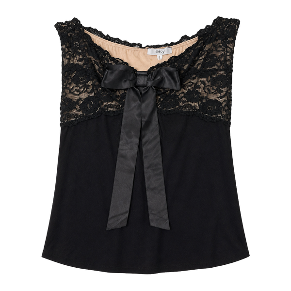Sky Lingerie Women's Black Babydoll Chemise with Lace Overlay and Satin Bow Detail