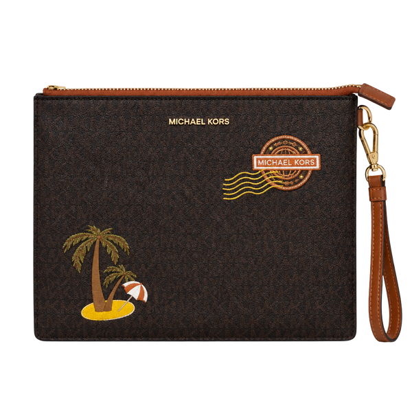 Michael Kors Jet Set Go Signature Brown Zip Clutch Wristlet