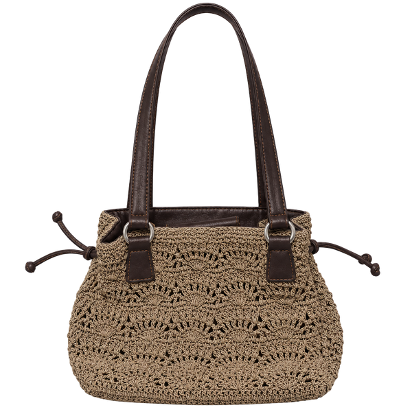 Rosetti Shoulder Bag Tan Crochet Brown Vinyl Trim Drawstring Tote