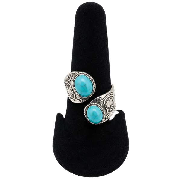 Turquoise Sterling Silver Two Stone Scroll Motif Bypass Ring