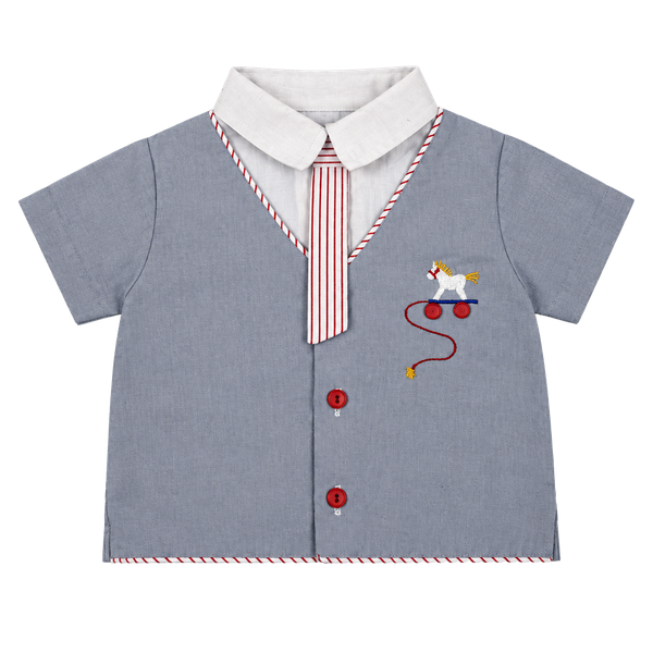 Vintage Baby Boy Short Sleeve Shirt Grey Horse Applique