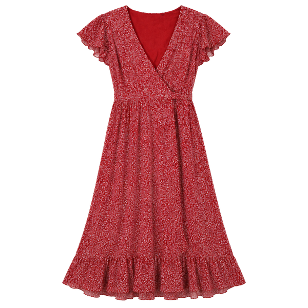 ZESICA Floral Wrap Dress Size M Red Short Sleeve High Low Ruffle Midi
