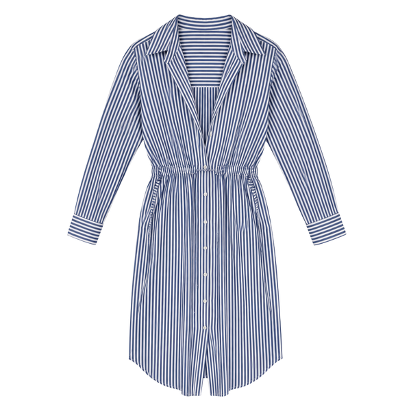 Sabrina Lauren Shirt Dress Size M Blue White Striped Drawstring