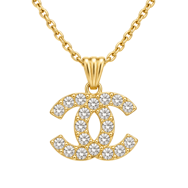 Chanel Style Gold Tone CC Crystal Rhinestone Pendant Necklace w/ Box