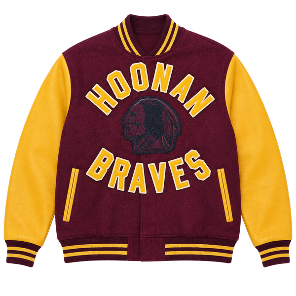 Vintage Hoonah Braves Varsity Jacket Maroon Leather Wool 1991 Ben
