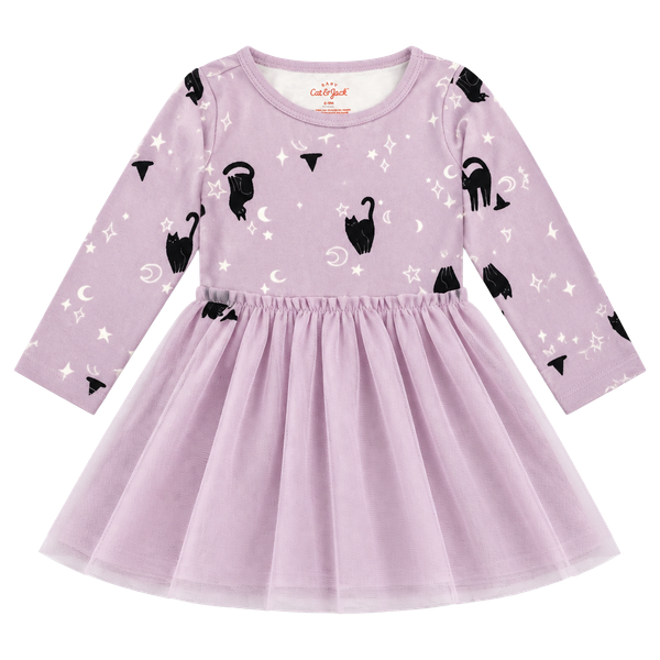Cat & Jack Halloween Purple Black Cat Print Long Sleeve Dress Size 6M