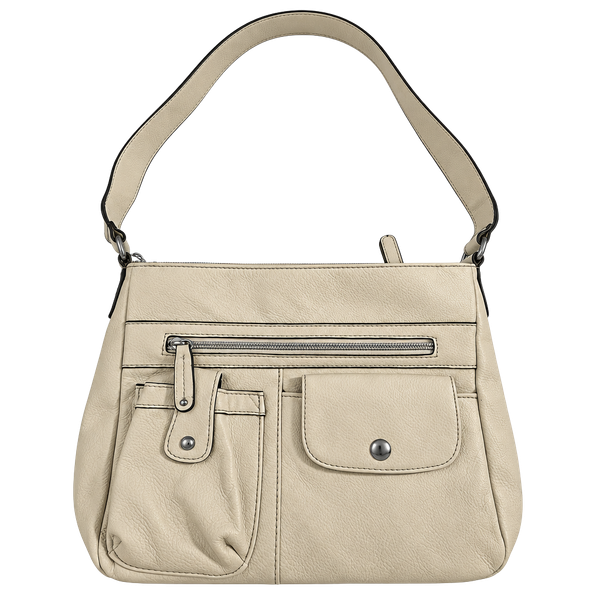 Cream Genuine Leather Cargo Bucket Shoulder Bag Multi Pocket Purse