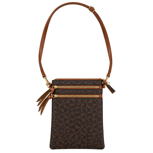 Brown Geometric Print Crossbody Bag Multi Zipper Travel Purse