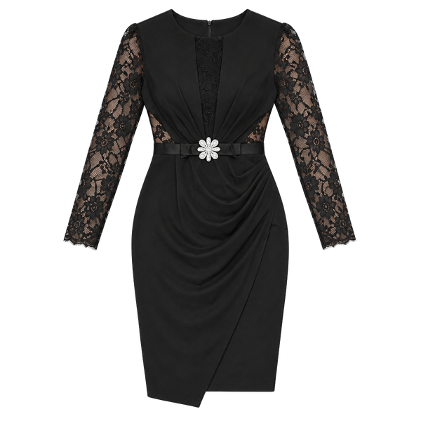 Black Lace Sleeve Ruched Sheath Cocktail Wedding Guest Dress L