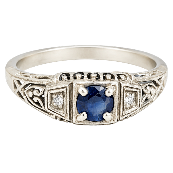 Vintage Sterling Silver Blue Spinel Diamond Ring Art Deco Filigree Estate Size 7
