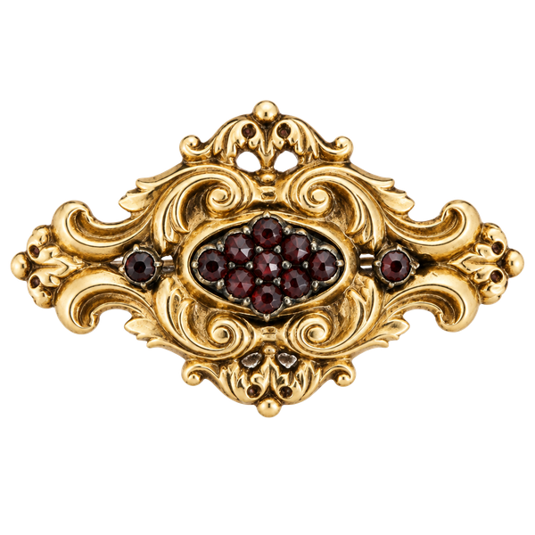 Antique Victorian 14K Gold Rose Cut Garnet Repousse Scroll Brooch Pin c.1870
