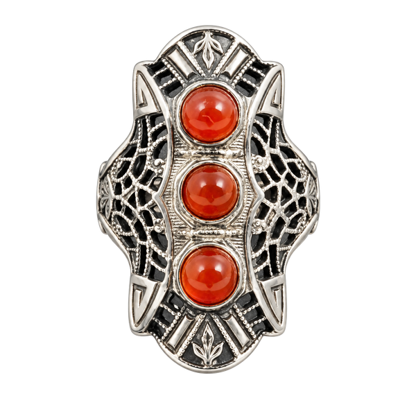 Antique Art Deco Sterling Silver Filigree 3-Stone Carnelian Glass Ring Size 6